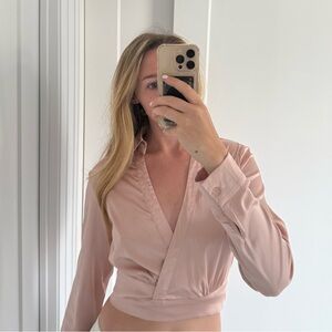 Chic Blush Silky Material Wrap Around Top w/ Collar